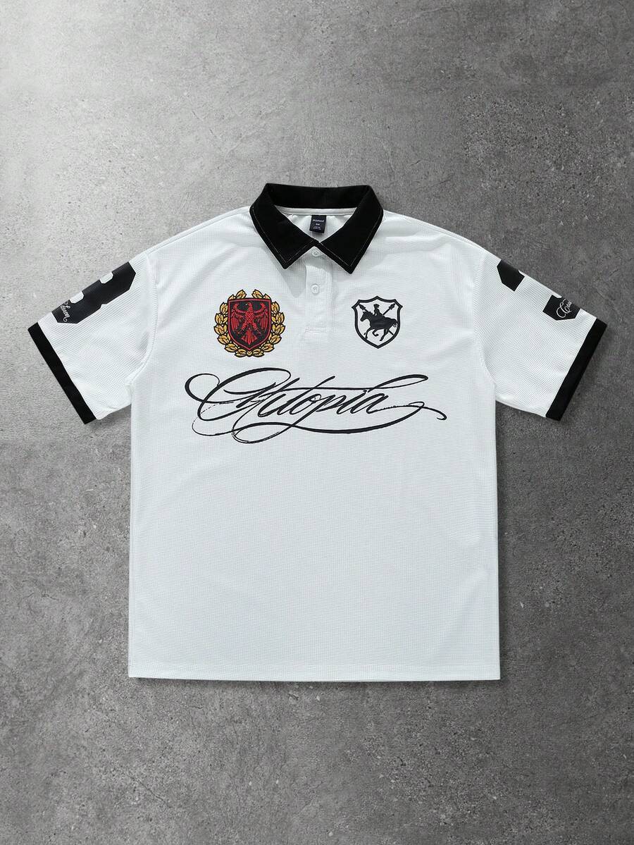 ROMWE MEN Men's Polo Shirt, Street American Sports Style Casual, English Text & Waffle Print Short Sleeve - White - View 1