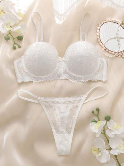 Women's Solid Color Lace Underwire Camisole Bra And Sexy Thong Panty Set