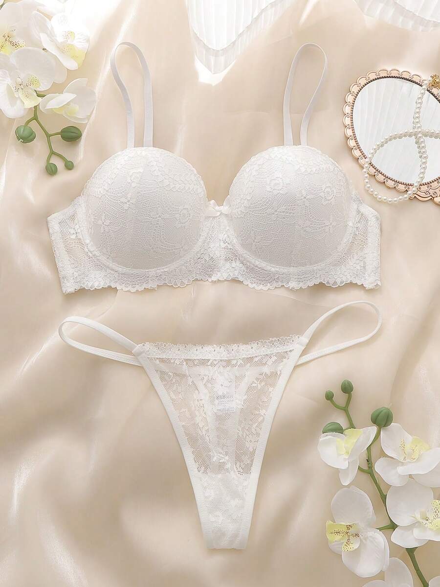 DelicateAllure Bộ đồ lót ren màu trơn có gọng dành cho nữ, gồm áo hai dây và quần lọt khe gợi cảm. - trắng - Xem 1