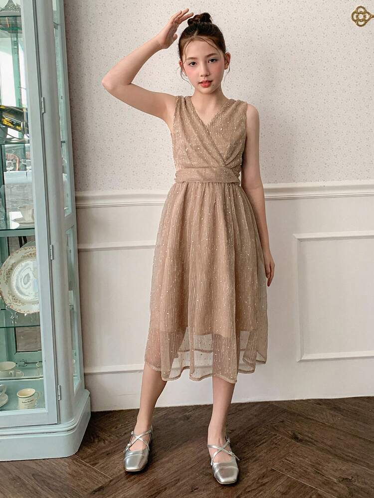 Tween Girls Solid Color Crossover Wrap Sleeveless Elegant Pleated V-Neck Summer Dress