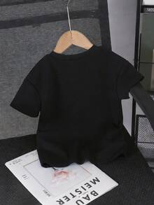 SHEIN Genkimix Kids Young Girl T-Shirt With Letter, Star, Smiling Face Print, Short Sleeve Top, Cute Pattern, Casual & Comfortable, Suitable For Spring, Summer, All Seasons, Black T-Shirt Kids Girl Loose Sweet Cute Top Loose Sweet Shirt For Girls Kid Cute Tops - Black - View 3