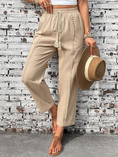 SHEIN Holidaya Women's Casual Comfortable Commuting Outdoor Linen Floral Trim Apricot Color Pants, Spring/Summer