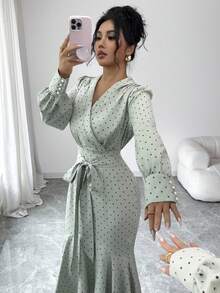 Selianne Damen Polka Punkt Muster Wickel Binde Elegant Langarm Kleid - Grün - Übersicht 6