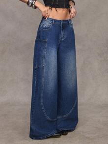 Jeanoix Y2K 女式时尚休闲阔腿喇叭牛仔裤 - 深色水洗藍 - 查看 5