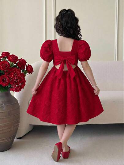SHEIN Tween Girl Red Solid Color Short Sleeve Dress, Red Dress, Beaded Puff Sleeve Backless Bow Design, Fashion Sweet Retro Elegant Princess Dress