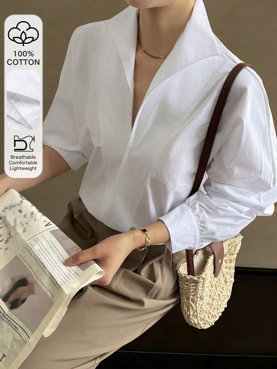 Livesso Women's White Solid Color Cotton Collared Shirt, Suitable For Commuting, Spring - White - View 1