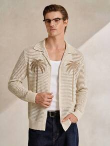 Manfinity CityGents Men's Vacation Casual Coconut Tree Embroidery Hollow Out Knit Cardigan - Apricot - View 2