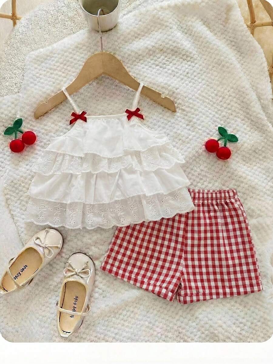 Babygirl Summer Cute Vacation Ruffle Camisole Top And Plaid Shorts Set - Multicolor - View 1