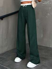 EURMUSE Cotton Women CottnLine Drawstring Waist Front Button Pants - Green - View 3