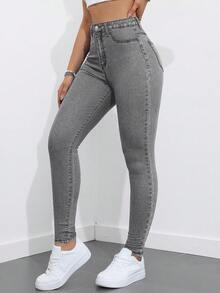 SHEIN ICON 女士高腰口袋修身休闲百搭牛仔裤 - 灰色 - 查看 5
