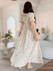 Feyla Women's Elegant Ditsy Floral Cross-Tie Waist Petal Sleeve Dress, Summer - Multicolor - View 3