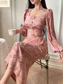 DAZY Women's Elegant Floral Print Petal Sleeve Blouse And Skirt 2-Piece Set, Spring/Summer - Pink - View 1