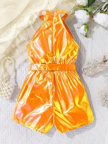 SHEIN Girls' Casual Holographic Laser Jumpsuit, Suitable For Outings And Dates - Multicolor - View 2