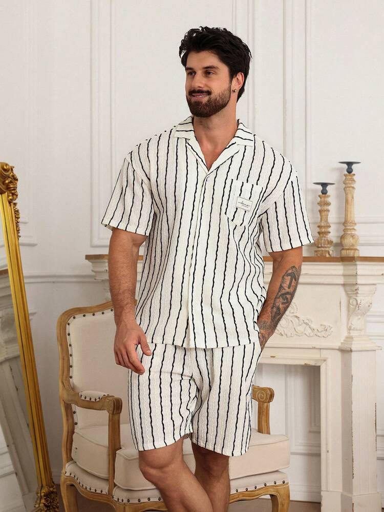 Men's Short Sleeve Shirt And Shorts Pajama Set, Summer