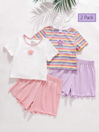 Genkimix Kids 2 sets/paquete Camiseta de manga corta y pantalones cortos con bordado de flores, recorte de lechuga y costillas para niña, conjunto de verano para niña de 4 años