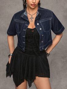 Jeanoix Y2K 时尚立领原色水洗牛仔夹克 - 深色水洗藍 - 查看 4