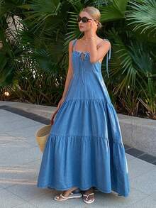 DAZY Women's Lace-Up Cake Skirt, Casual Sleeveless Long Denim Dress Summer - Medium Wash - View 4