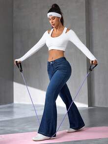 Flexra Women's Casual Elastic Washed Denim Flare Pants - Blue - View 4