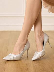 CUCCOO HITCHD 女士时尚优雅珍珠白缎面尖头高跟鞋，适合宴会、婚礼、通勤、约会、圣诞派对等场合 - 淺灰色 - 查看 7