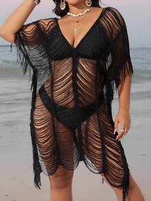 Swim Lushoire Saída de praia feminina plus size em tricô, cor sólida, decote em V, manga curta vazada, estilo boho, para férias na praia, sexy e ideal para o verão. - Preto - Ver 6