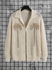Manfinity CityGents Men's Vacation Casual Coconut Tree Embroidery Hollow Out Knit Cardigan - Apricot - View 5