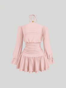 Sweetra Plus Size Women's Off-Shoulder Red Metal Decor Cinched Waist Fitted Short Ruffle Hem Long Sleeve Summer Dress - Baby Pink - View 3
