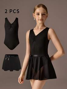 Tween Girls Ballet Leotard & Skirt Set, Sleeveless High Stretch Leotard With Pleated Bust Design Paired With Lightweight Chiffon Skirt - Black - View 1