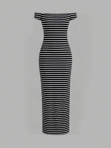 SHEIN EZwear 女士春夏新款露肩高开衩条纹针织长裙 - 黑色 - 查看 2