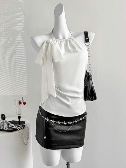 Sweetra New Arrival Bow Tie Collar Metal Chain Halter Elegant Sexy Commuting Versatile Backless White Blouse For Women