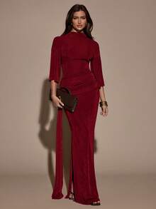 SHEIN BAE 女士纯色褶裥修身优雅七分袖连衣裙 - 酒紅色 - 查看 1