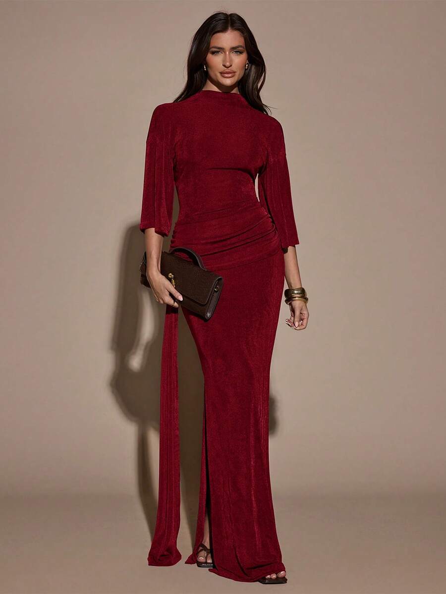 SHEIN BAE 女士纯色褶裥修身优雅七分袖连衣裙 - 酒紅色 - 查看 1
