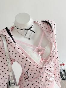 Elamini Women's Pink Polka Dot Print Spliced With Black Lace Trim Zip-Up Hoodie, Spring/Summer , Vacation, Sweet & Cute, Elegant Casual, Back To School/Graduation, Versatile For Street, Home, Daily Wear - Pink - View 5