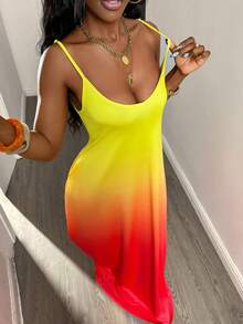 Eryvara 女士春夏V领宽松渐变印花长连衣裙，带肩带，春夏连衣裙，肩带连衣裙，春季服装，肩带连衣裙，外出装扮，时尚休闲性感肩带连衣裙 - 黃色 - 查看 6