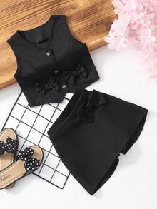 SHEIN Completo estivo da 2 pezzi nero per ragazza, top e pantaloncini stile principessa con fiocco, abbigliamento alla moda di alta qualità per uso quotidiano per ragazza - nero - Visualizzare 4
