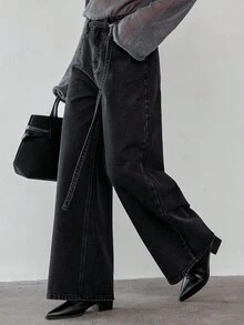 DAZY Women's Pocket Button Versatile Korean Style Loose Casual Wide-Leg Jeans - Grey - View 1