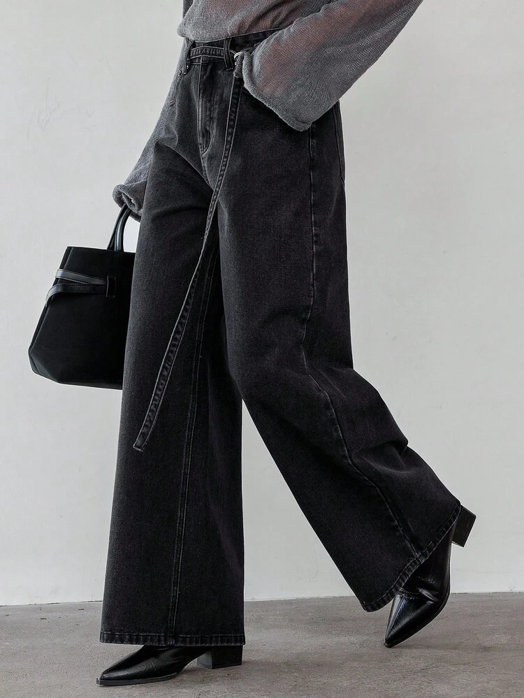 Women's Pocket Button Versatile Korean Style Loose Casual Wide-Leg Jeans