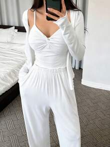 DAZY 3件套纯色针织扭结设计吊带开衫和裤子家居服套装，女士 - 白色 - 查看 3