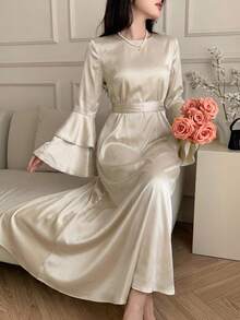 DAZY Đầm maxi tay bồng màu trơn thanh lịch dành cho nữ, đầm dự tiệc cưới mùa xuân, đầm maxi mùa hè. - Màu be - Xem 2