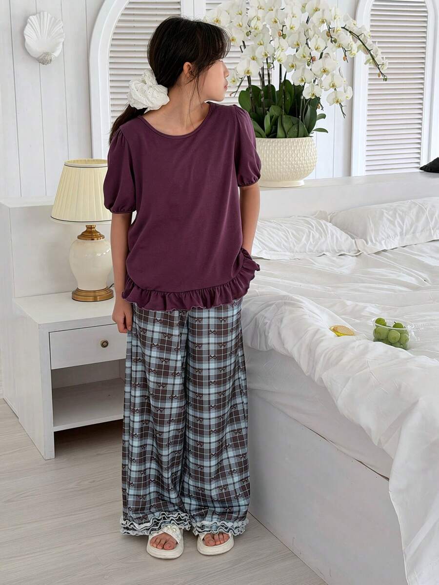DAZY Conjunto de pijama con blusa de manga corta con volantes en el bajo y pantalones anchos de estampado a cuadros para niña preadolescente, primavera/verano/otoño - Marrón - Ver 1