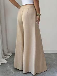 Elenzga 女士优雅休闲宽松长裤，开衩荷叶边裤脚，适合夏季郊游、约会、新年、情人节、复活节、母亲节、音乐节、中东婚礼、通勤、浪漫假期等场合，浅米色 - 杏色 - 查看 2