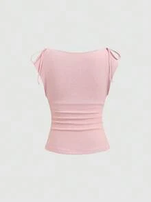 Sweetra Women's Summer New Sweet Blush Pink Versatile Bow Tie Ruched Waist Sleeveless T-Shirt Top - Pink - View 4