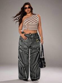 Jeanoix Plus Size Fashion Fringe & Belt Decor Denim Jeans, Suitable For Everyday Wear - Grey - View 5