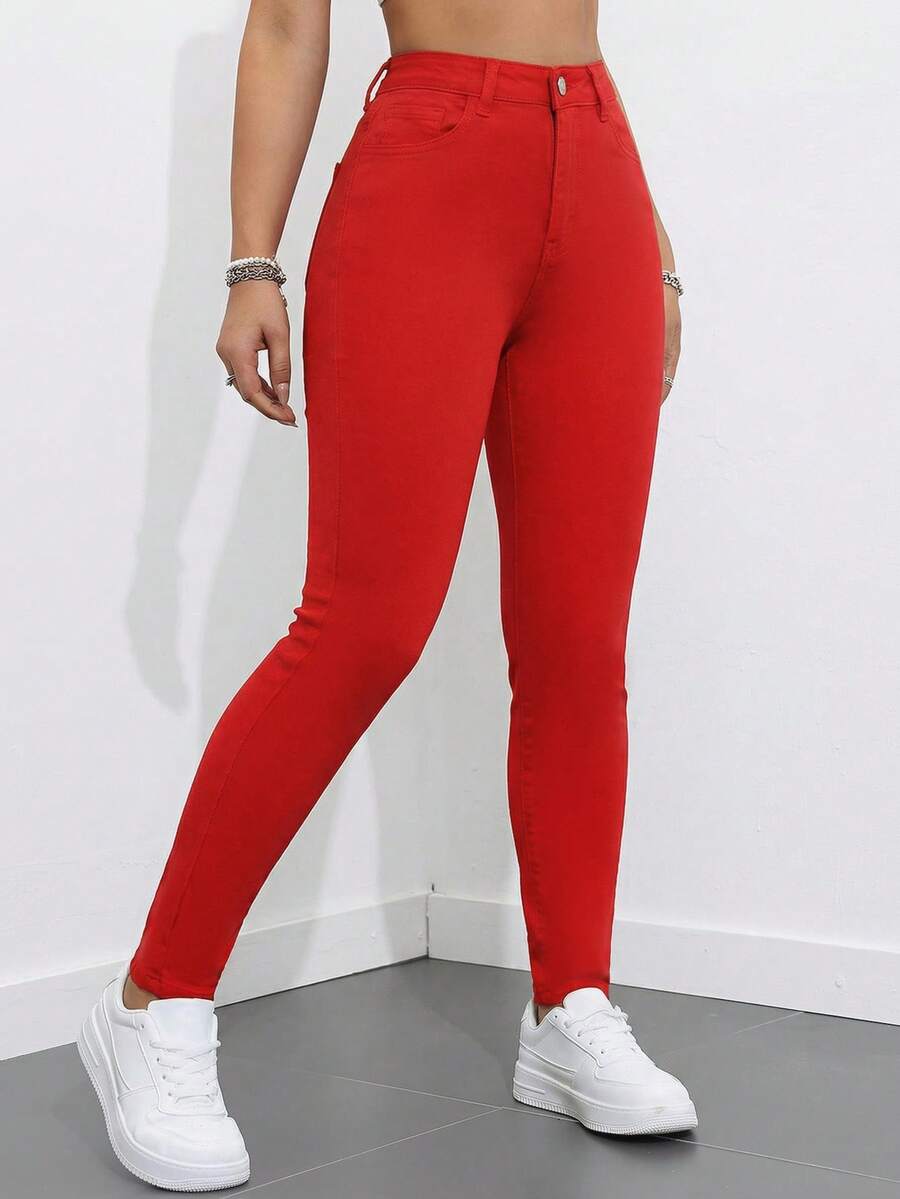 SHEIN ICON Women's Solid Color Minimalist Everyday Denim Pants - Red - View 1