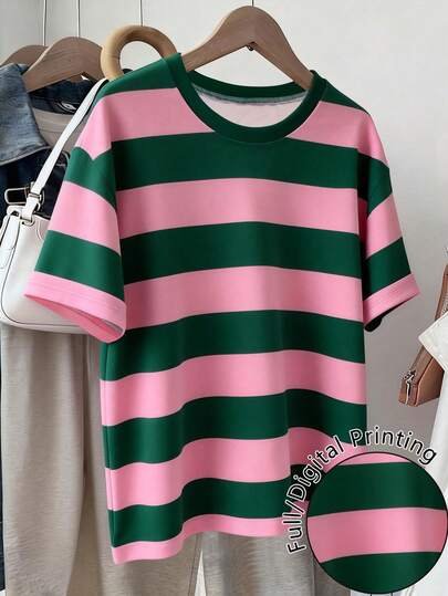 Resyla Women's Casual Everyday Commute Fashion Street Contrast Stripe Print Loose Fit Short Sleeve T-Shirt, Summer