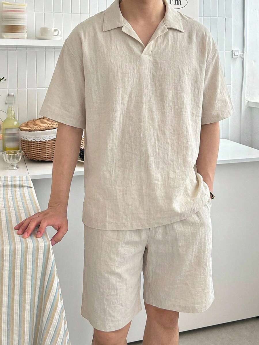 DAZY Men's Beige Polo Shirt And Shorts Set, Summer - Beige - View 1