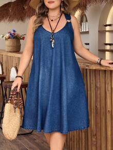 SHEIN Holidaya Đầm denim thường ngày cỡ lớn dành cho nữ - màu đen - Xem 8