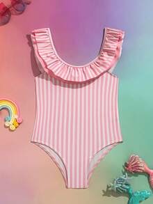 SHEIN Traje de baño de una pieza con volantes y estampado digital para niñas bebé, para primavera/verano/otoño, para vacaciones en la playa - Rosa coral - Ver 2