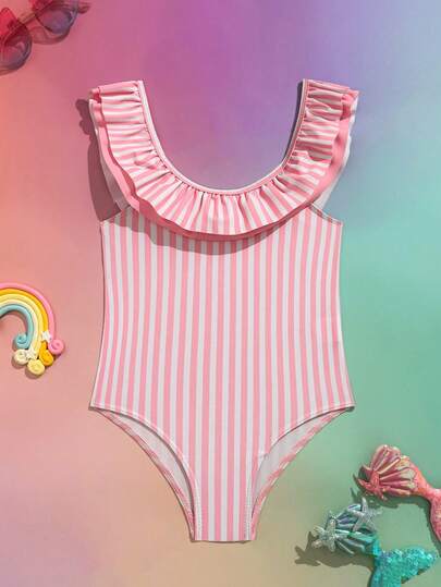 SHEIN Baby Girls' Spring/Summer/Autumn Digital Print Ruffled Trim One-Piece Swimsuit For Beach Vacation