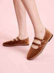 CUCCOO DOLLMOD Sepatu Wanita Klasik Cokelat dan Kuning Garis Ganda Beludru Model Datar - Coklat - View 3