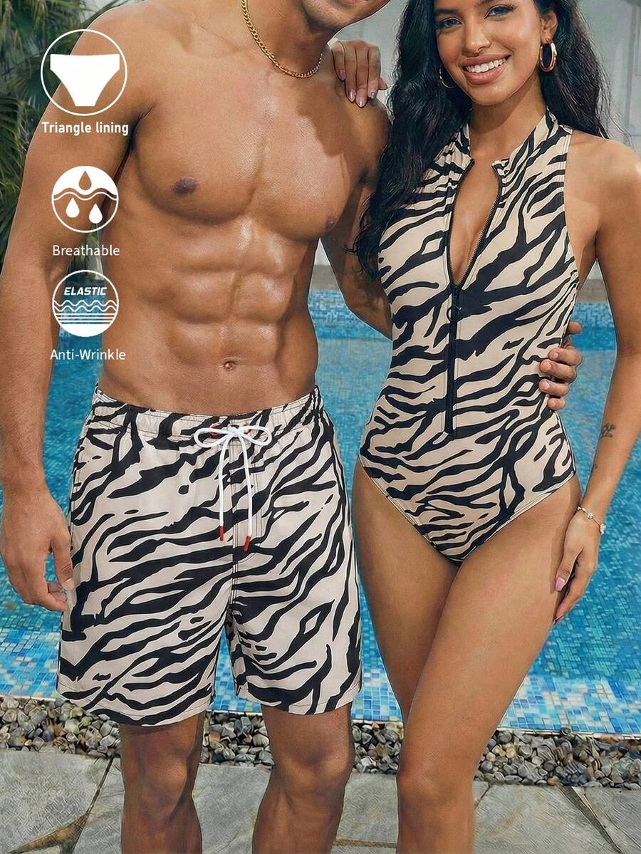 Manfinity VDAYZ Men's Casual Zebra Print Beach Shorts - Black - View 1